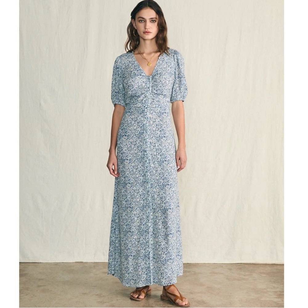 Faherty Floral Print V-Neck Button Front Maxi Dress In Blue/White NWT